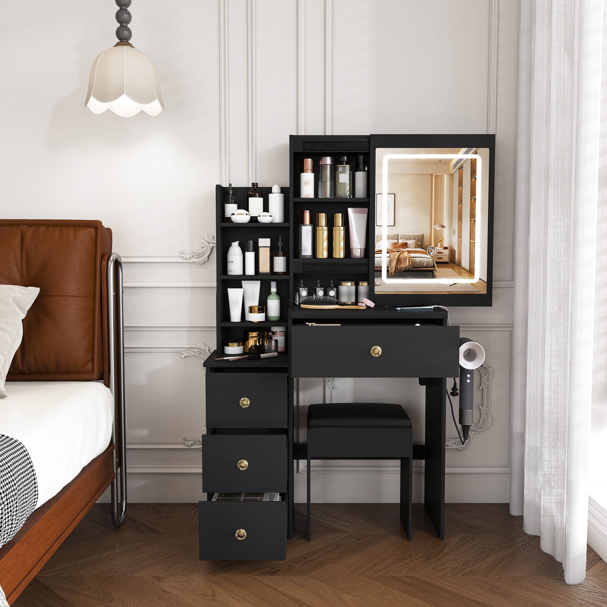 Vanity Desk With 3 LED Lighting Modes, 4 Drawers, Open Shelves, Hair Dryer Holder & Power Socket Dressing Table Set With Chair - Black