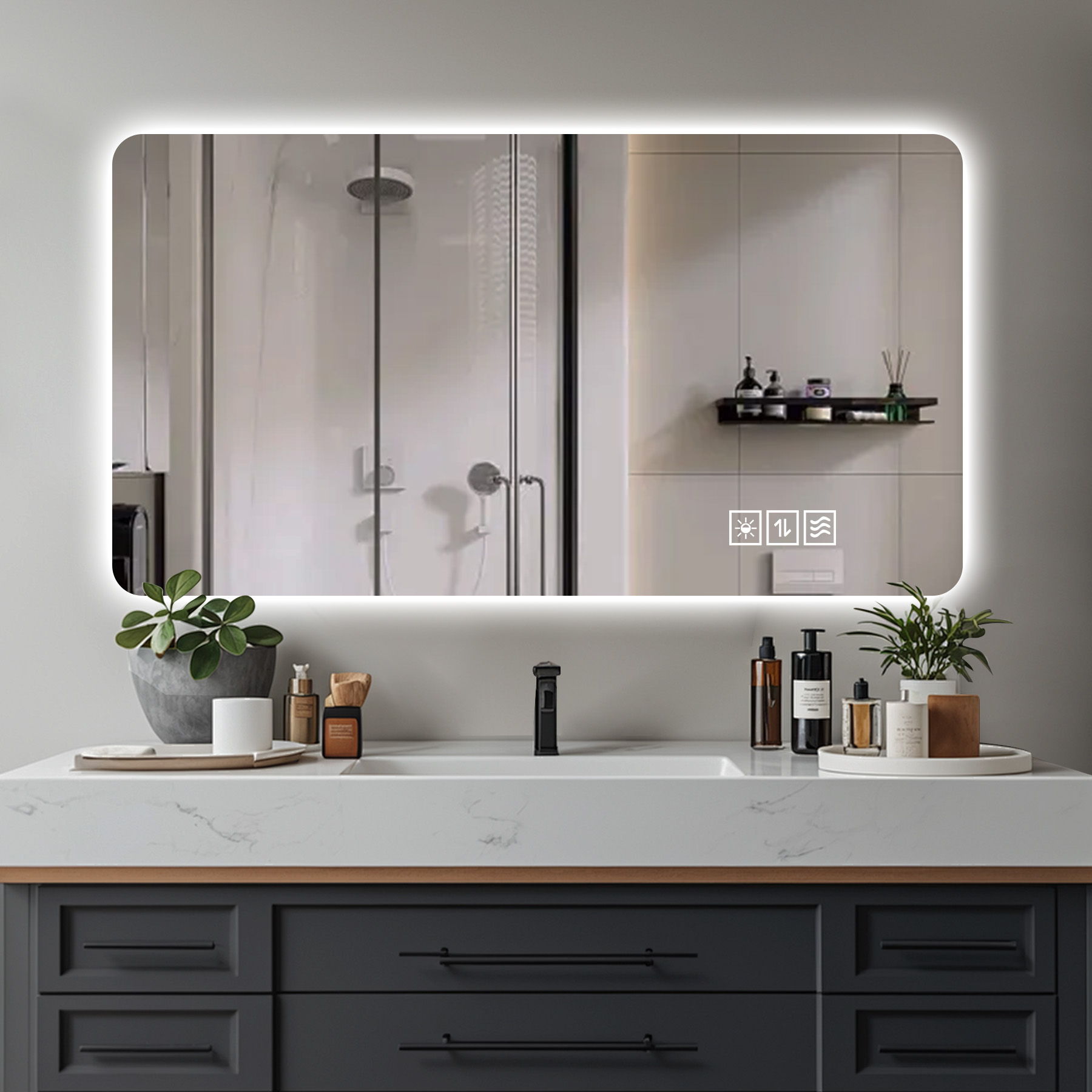 Wall Mounted LED Lighting Mirror With 3 Color Lighting, Dimming, Waterproof, Anti Fog, Touch Switch - Silver