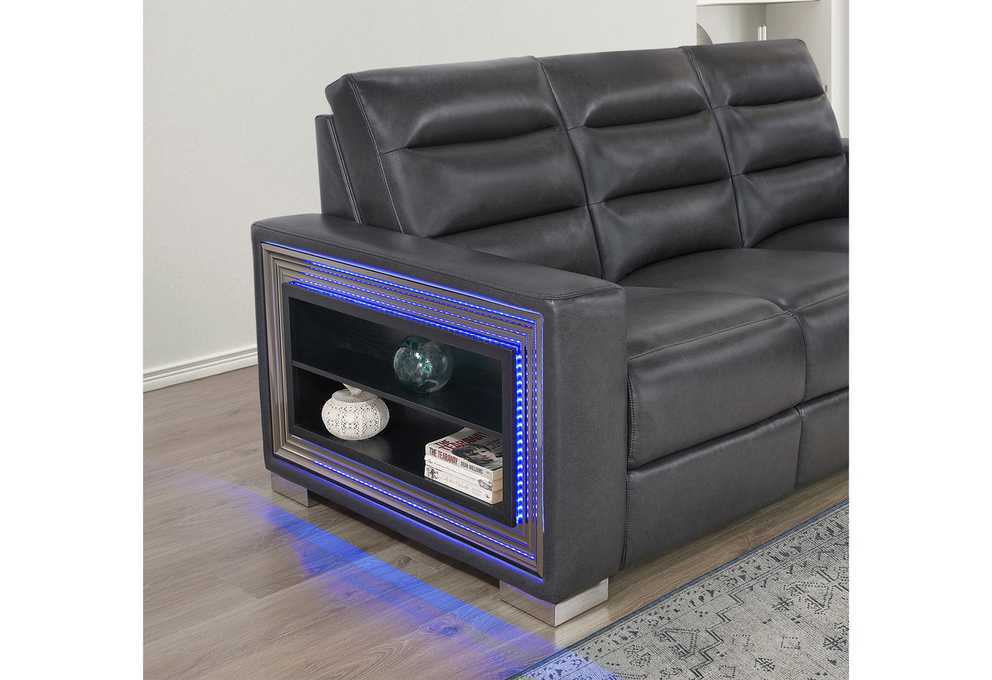 Ylime - Power Reclining Sofa With USB And Bookcase Arm LED, Power Console Reclining Loveseat With Bookcase LED, Power Recliner With Bookcase LED - Blanche Charcoal