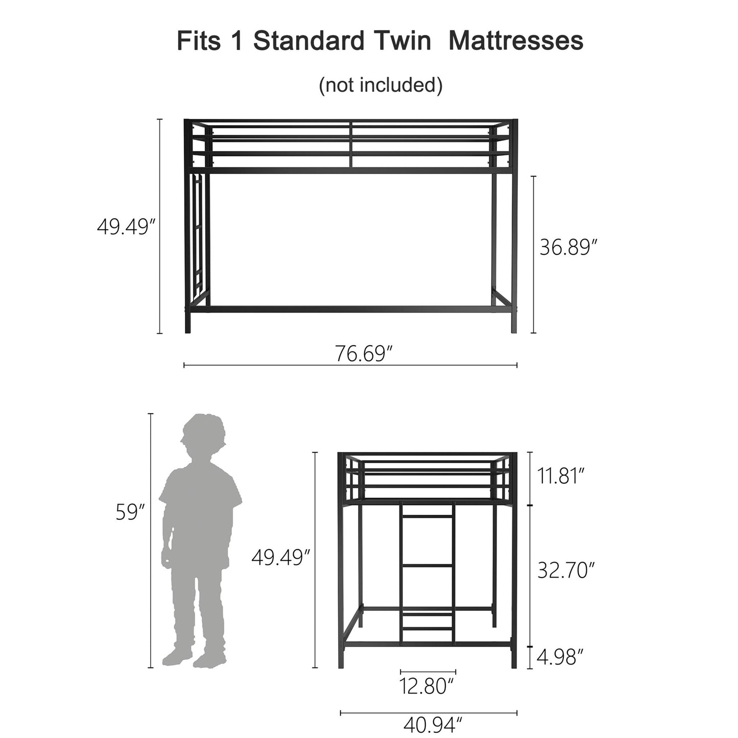 Adam - Junior Twin Loft Bunk Bed With Cinnamon Wood Shelf - Black