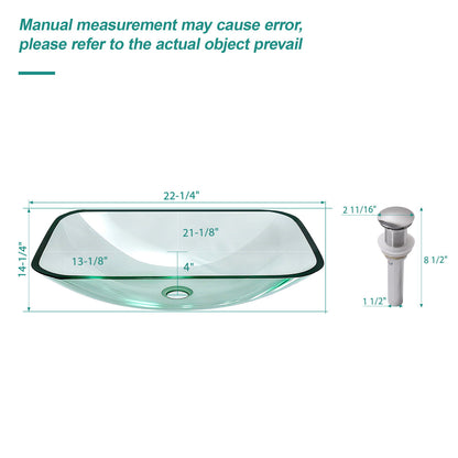 Clear Vessel Sink Rectangle Above Counter Bathroom Basin With Pop Up Drain, No Faucet - Clear