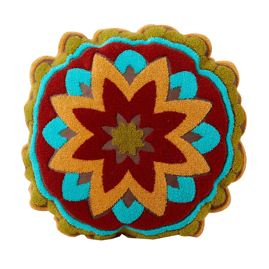 Tammy - Crewel Embroidery Round Box Throw Pillow - Gold / Blue / Red