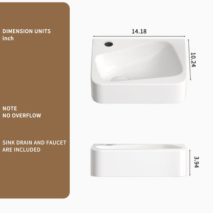 Wall Mounted Rectangle Vessel Sink With Faucet & Drain - Milk White