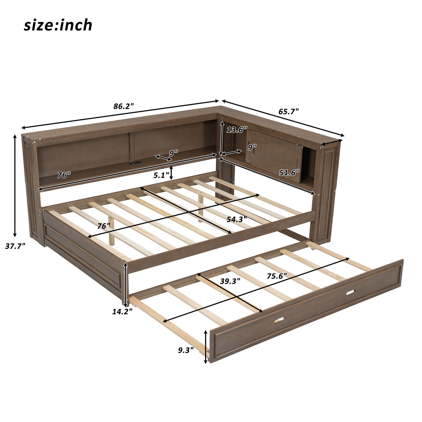 Daybed With Storage Shelves, LED, USB, And Trundle