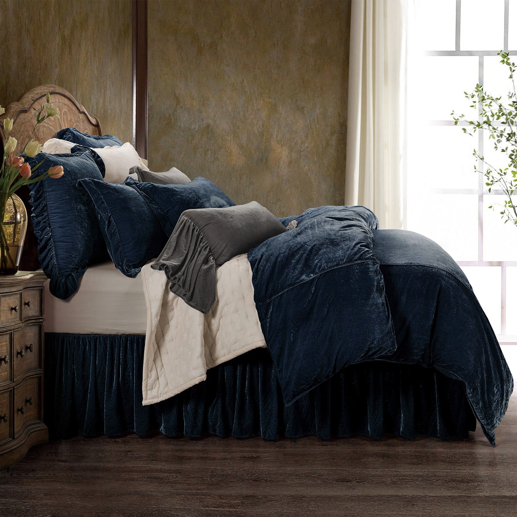Stella - Queen Faux Silk Velvet Duvet Cover Set (Set of 3) - Midnight Blue