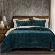 Stella - Full/Queen Faux Silk Velvet Pintuck Quilt Set (Set of 3) - Storm Blue
