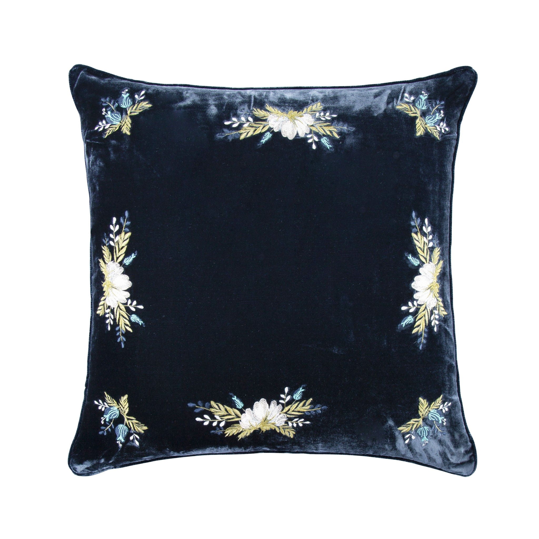 Stella - Western Floral Embroidered Faux Silk Velvet Pillow - Midnight Blue