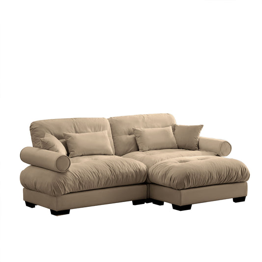 Modern Sectional Sofa With Ottoman, Round Bolster Armrests, Waist And Throw Pillows