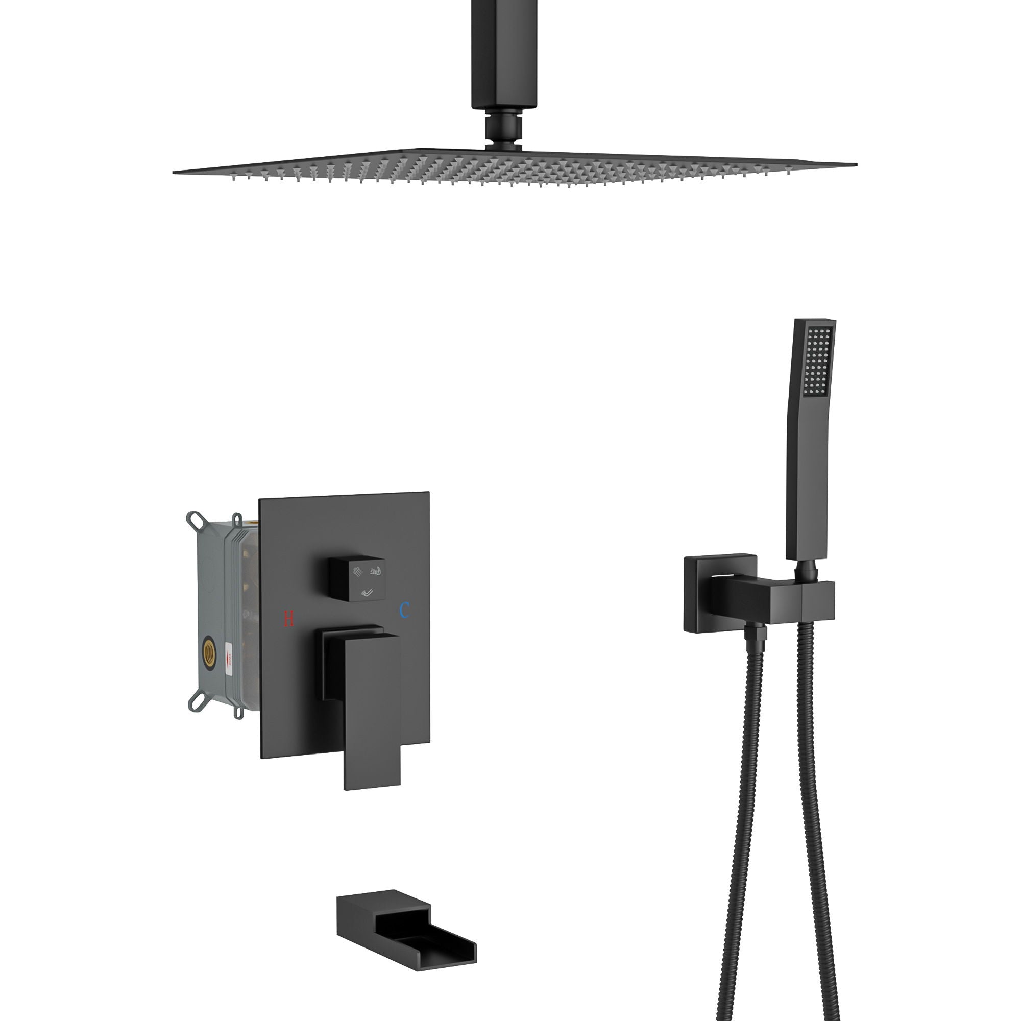 16" Ceiling Mount Square Shower System With Waterfall Tub Spout And Rough In Valve