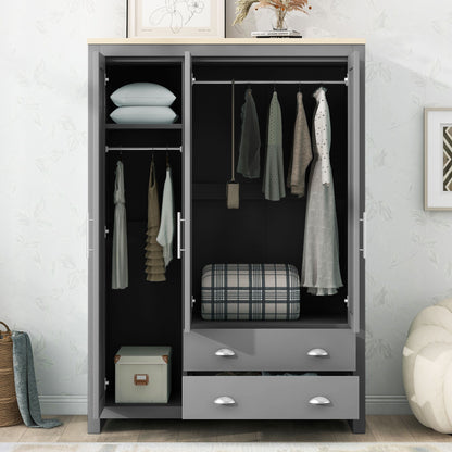3 Door Storage Wardrobe With Cabinets And 2 Hanging Rods - Gray