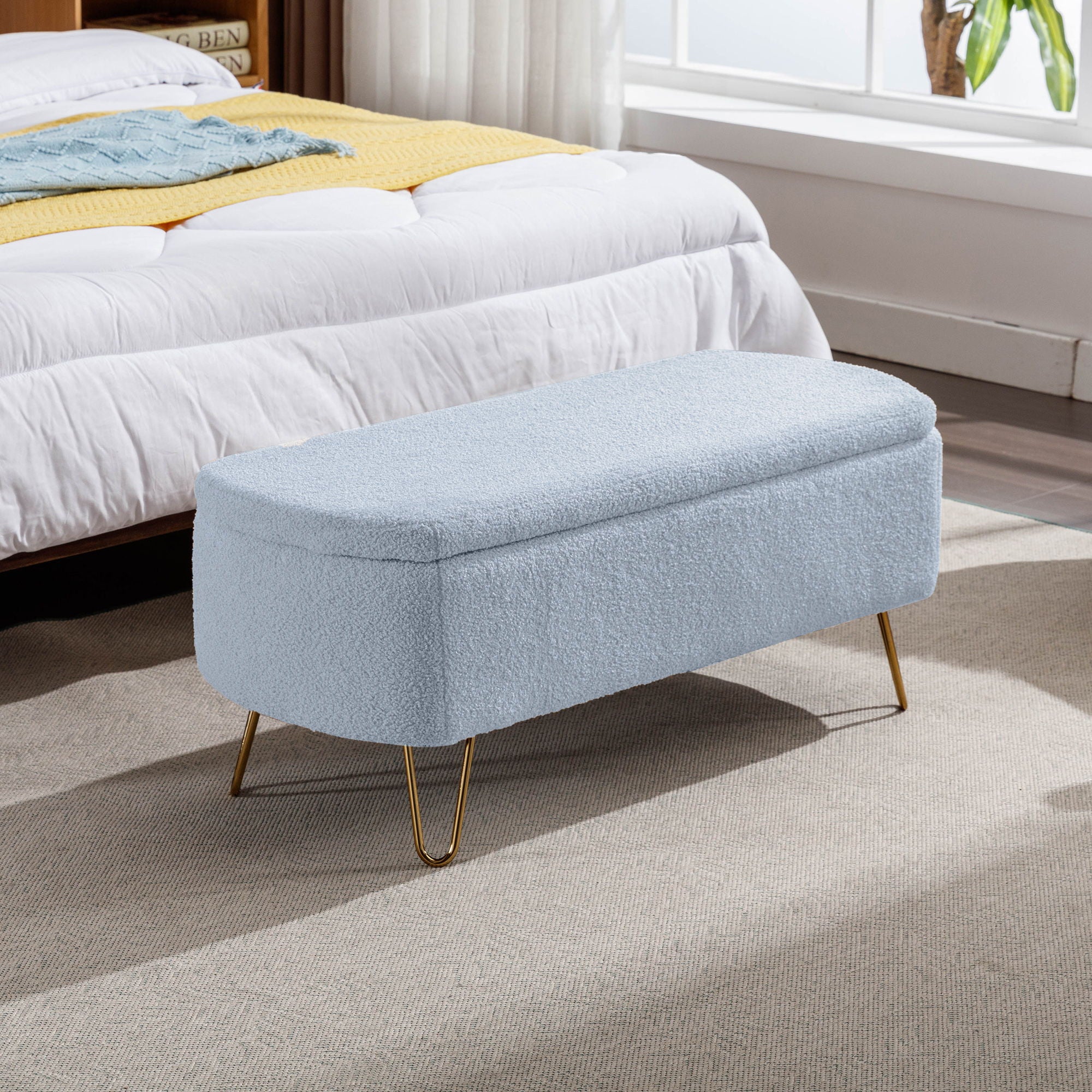 Storage Ottoman Bench For End Of Bed Legs, Modern Camel Faux Fur Entryway Bench Upholstered Padded With Storage For Living Room Bedroom