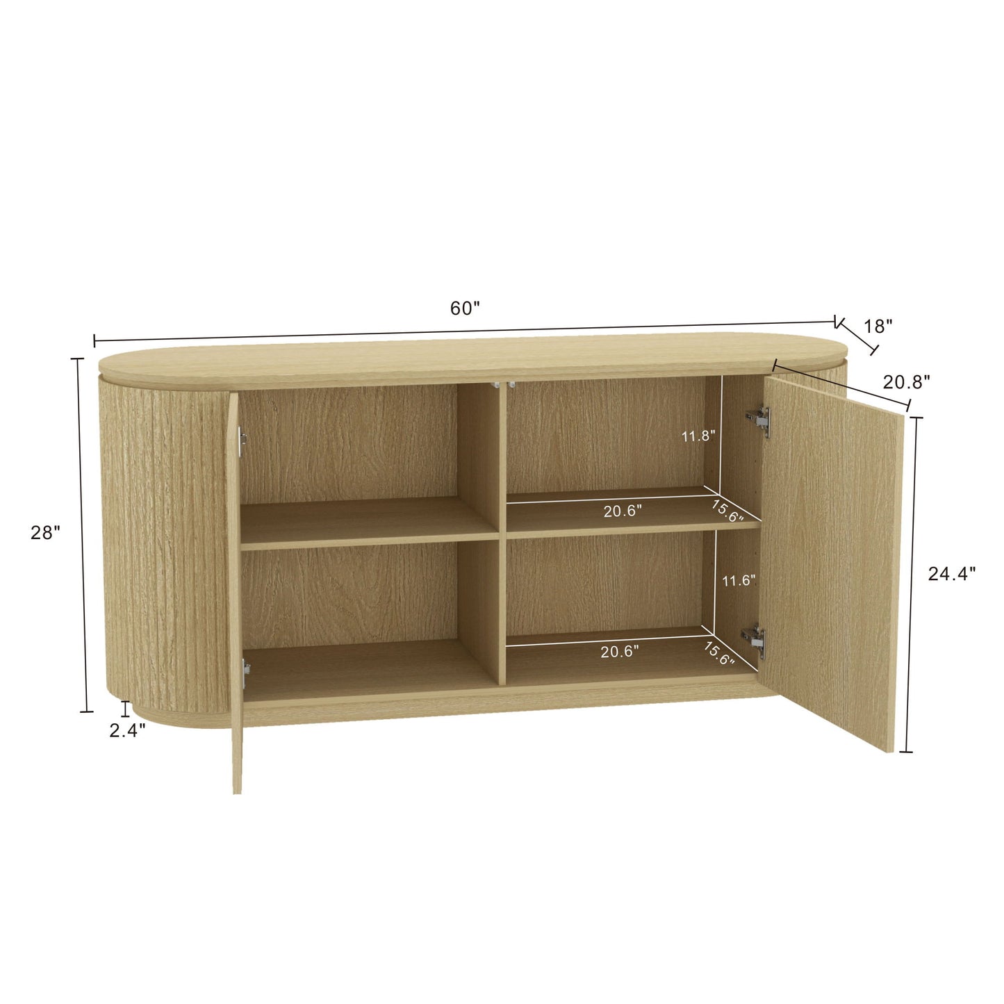 Olivia - Sideboard With 4 Adjustable Shelves With Handle Free Doors And Rounded Edges - Oak