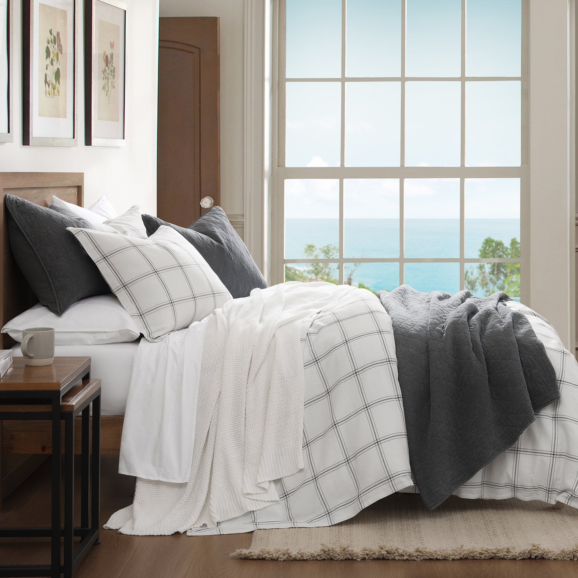Windowpane - Queen Plaid Comforter Set (Set of 3) - White