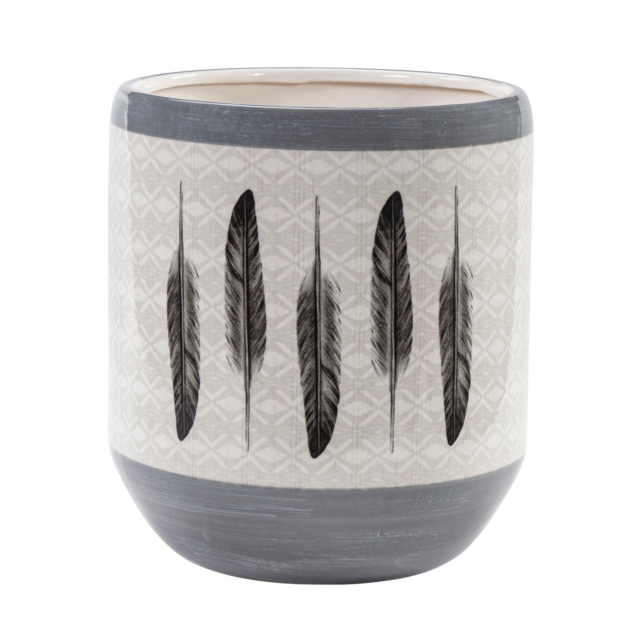 Tossed Feather - Feather Design Ceramic Wastebasket, 2 Per Carton - Cream / Gray
