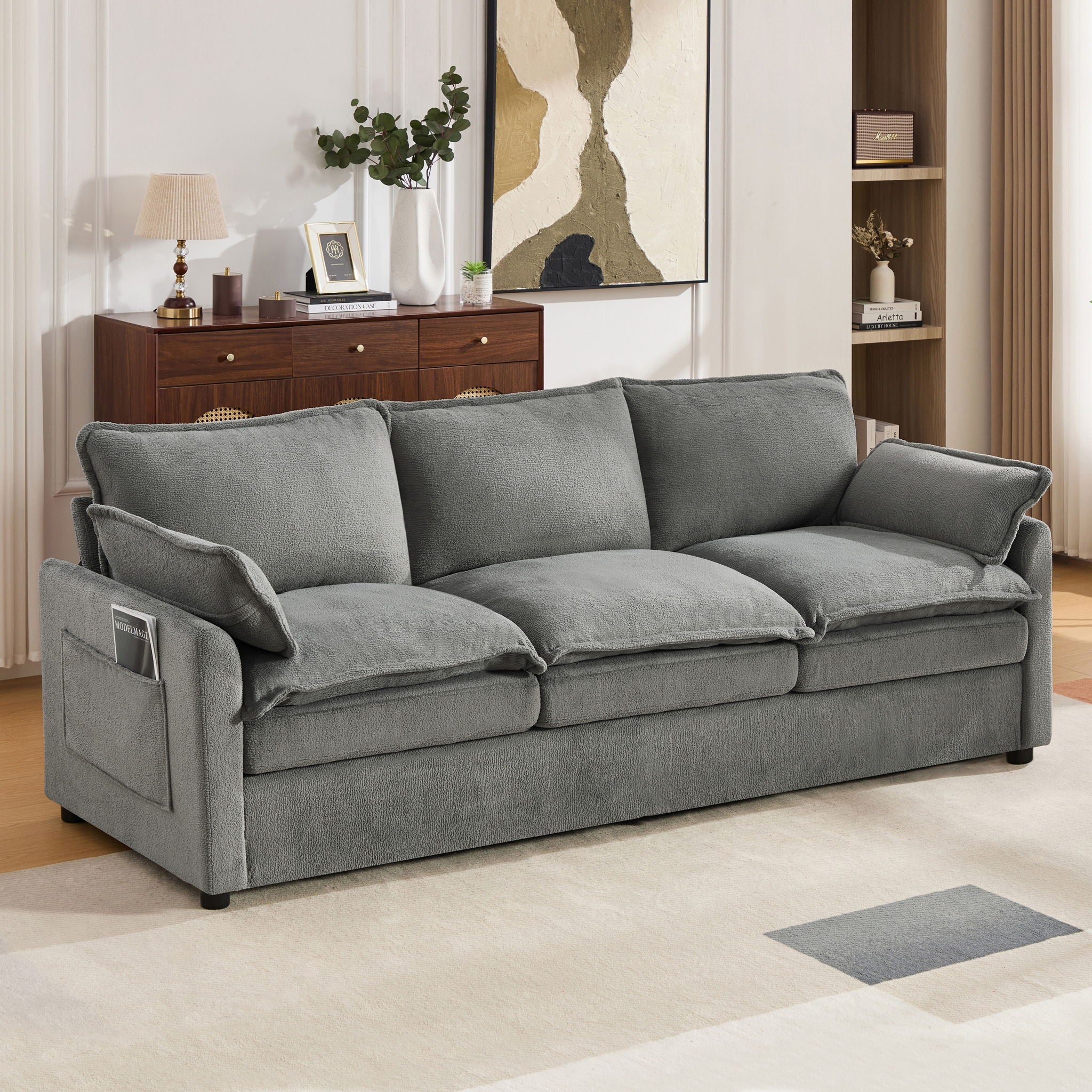 Modern 3 Seater Sofa With Side Storage Pockets For Living Room