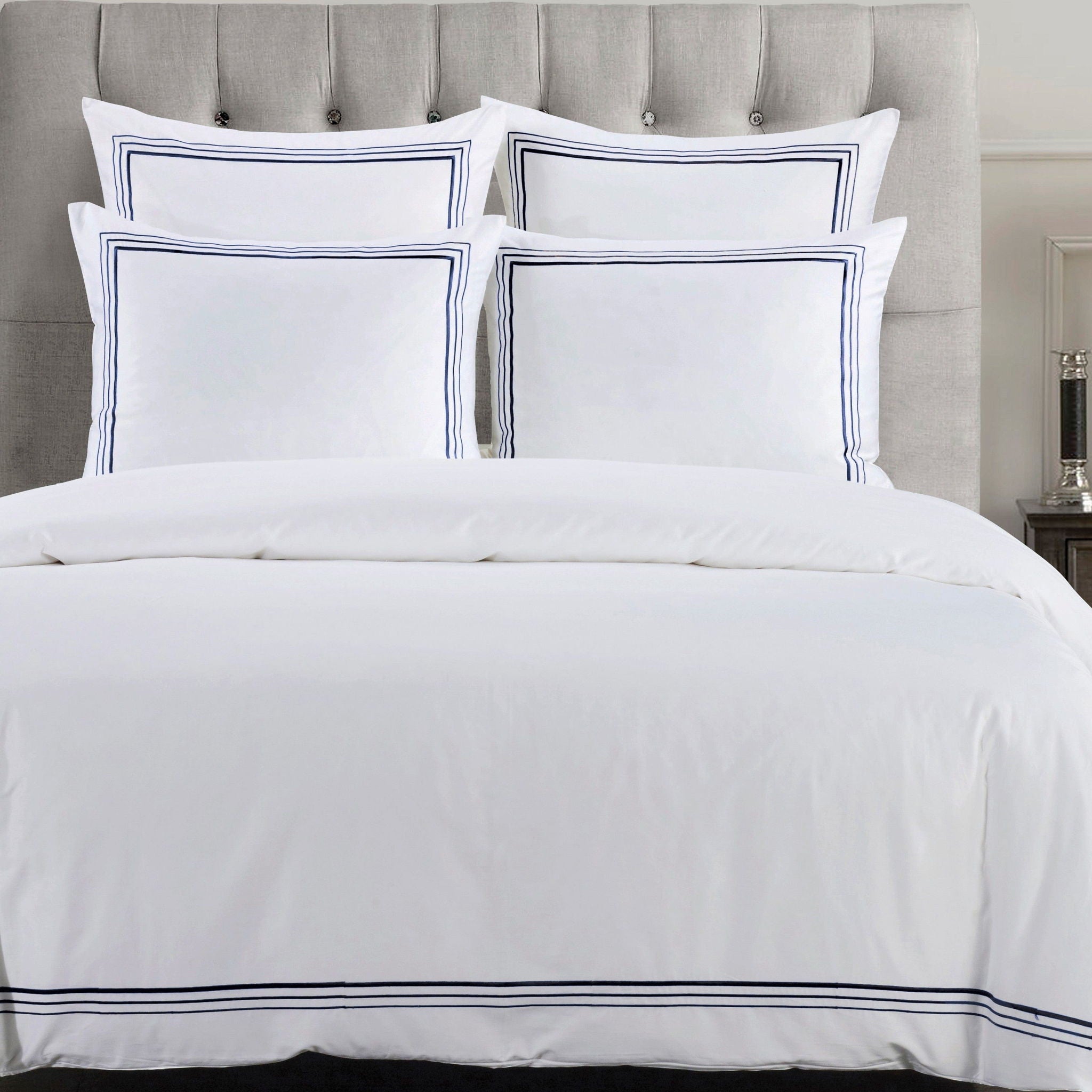 Border Embroidery - Queen Duvet Cover Set (Set of 3) - Navy