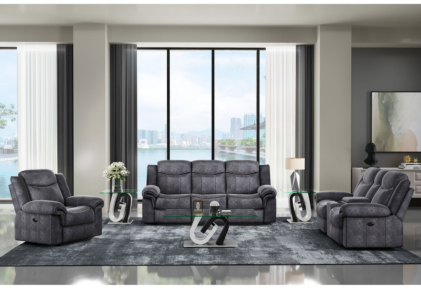 U2200 - Power Reclining Sofa / Power Console Reclining Loveseat With Power Switch - Domino Granite