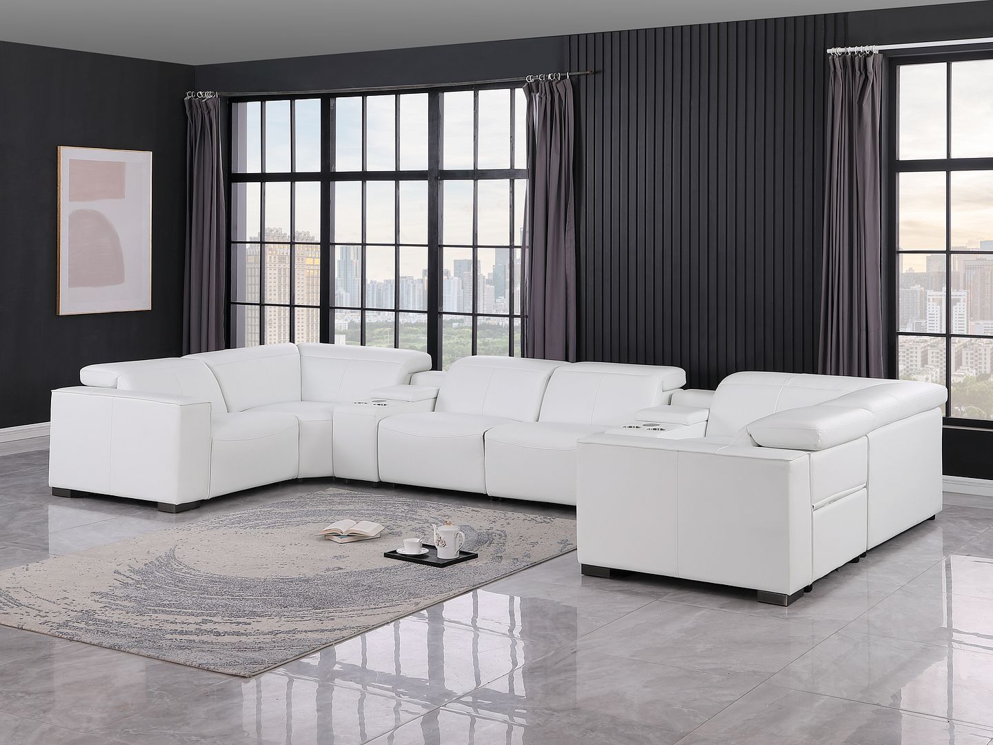 1208 - 8 Piece U Shaped Leather Sectional With 4 Power Recliner & Power Headrests - White
