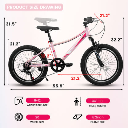20" Children's Bicycle Shock Absorbing Front Fork 7 Speed V Brakes Mountain Tire Boys And Girls Kids Bike For Outdoor Adventure - Pink