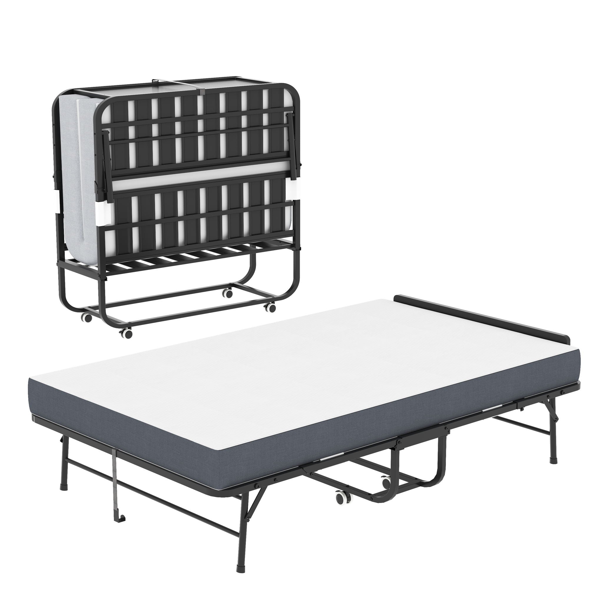 Twin Extra Long Folding Bed With Adjustable Headboard, Cot With Memory Foam Mattress - Black