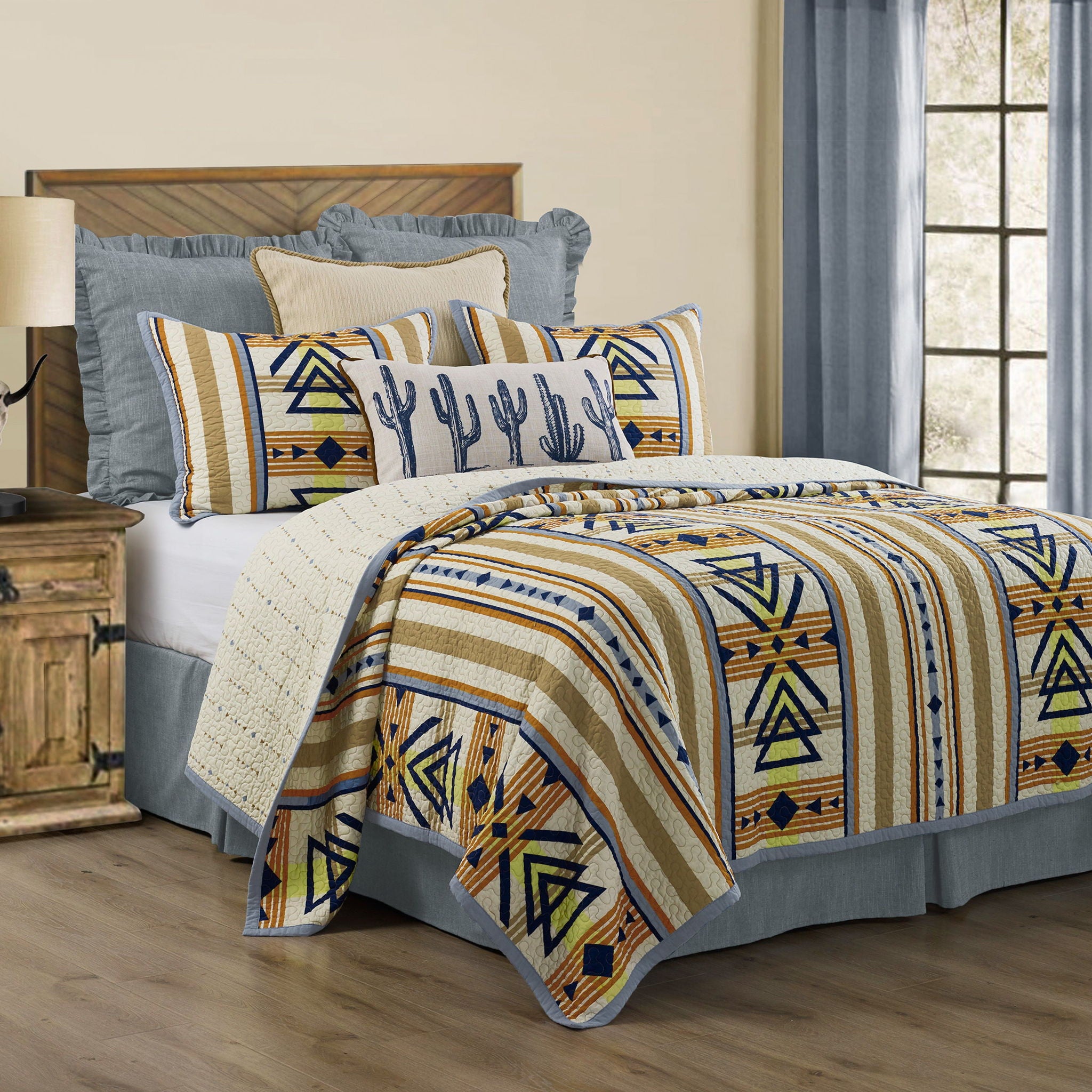 Pontiac - Twin Reversible Quilt Set (Set of 2) - Blue / Tan / Yellow
