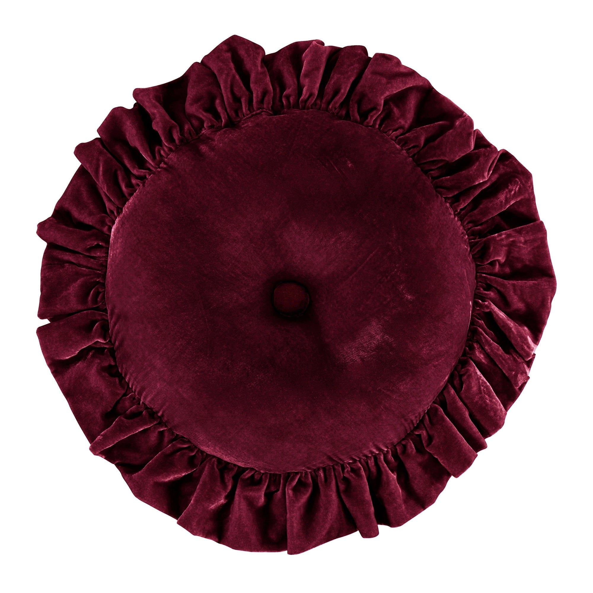 Stella - Faux Silk Velvet Ruffled Round Pillow - Garnet Red