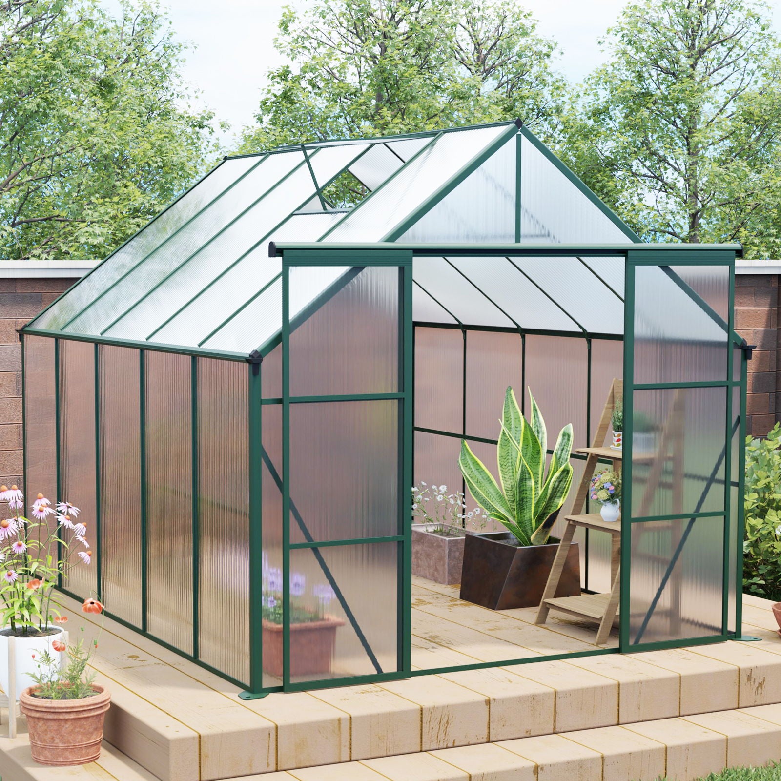 Double Door Polycarbonate house Raised Base And Anchor Aluminum Heavy Duty Walk In houses For Outdoor Backyard In All Season