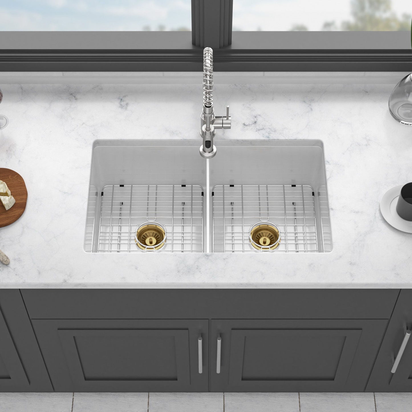 32" Undermount Double Bowl Kitchen Sink Rectangular Deep Dual Bas With Grids - White