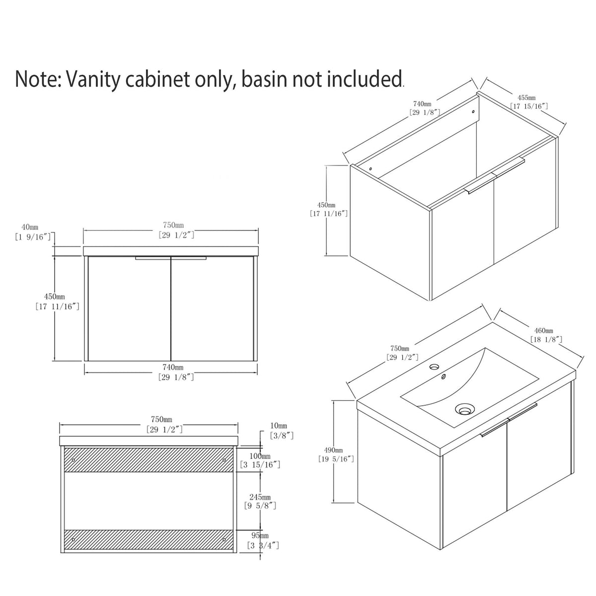 Floating Bathroom Vanity Cabinet With Soft Close Double Doors, Spacious Interior Storage, Wall Mounted, Cabinet Only