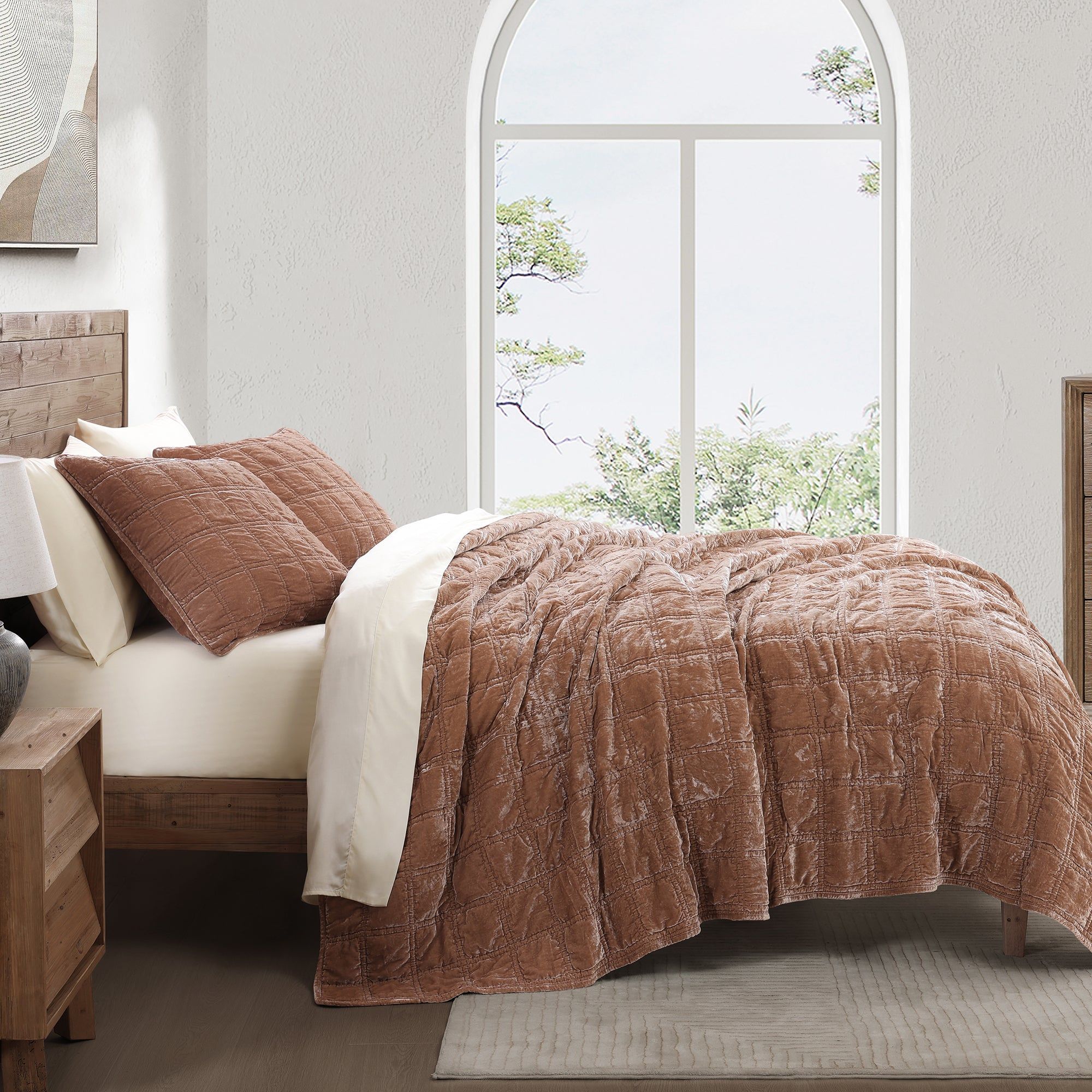Stella - Full/Queen Faux Silk Velvet Double Box Stitch Quilt Set (Set of 3) - Dusty Rose