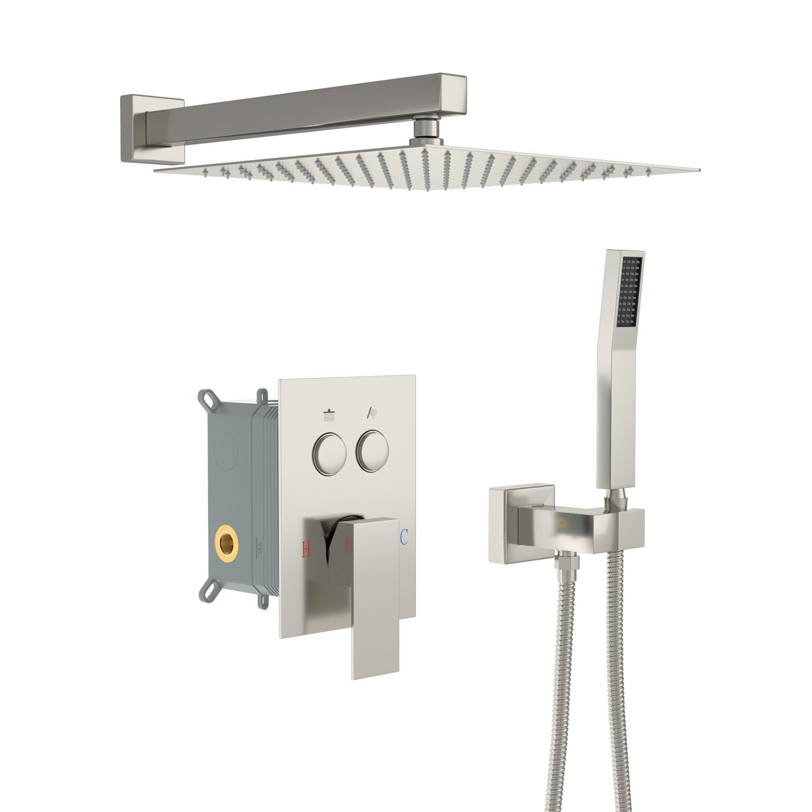 Dual Shower Head System With Square Rain Shower And Rough In Valve
