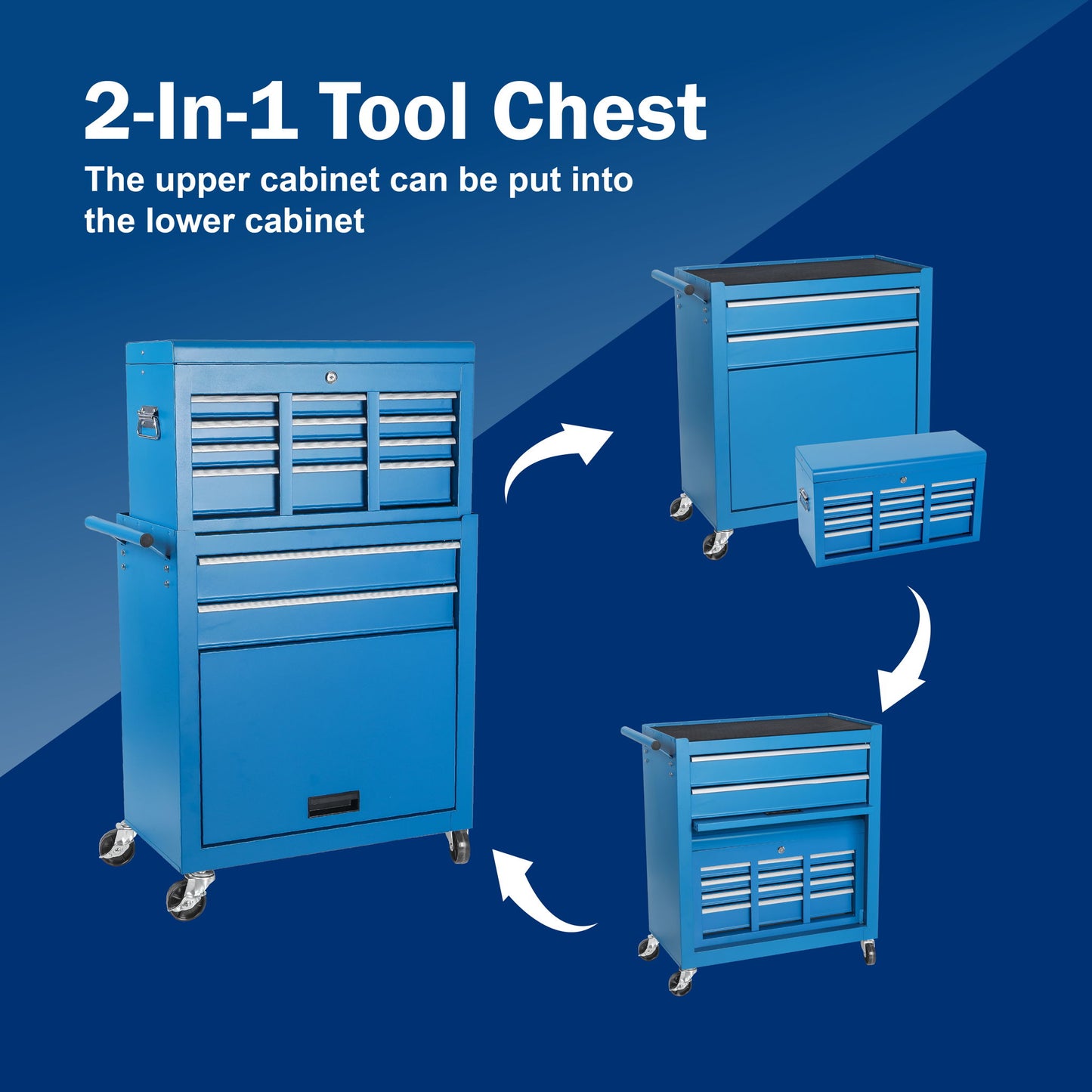 8 Drawer Rolling Tool Chest With 2 In 1 Detachable Top Box, Lockable Wheels