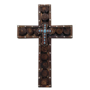 Cross - 20" x 13.5" Studded Wood & Turquoise Cross Wall Décor  - Dark Brown
