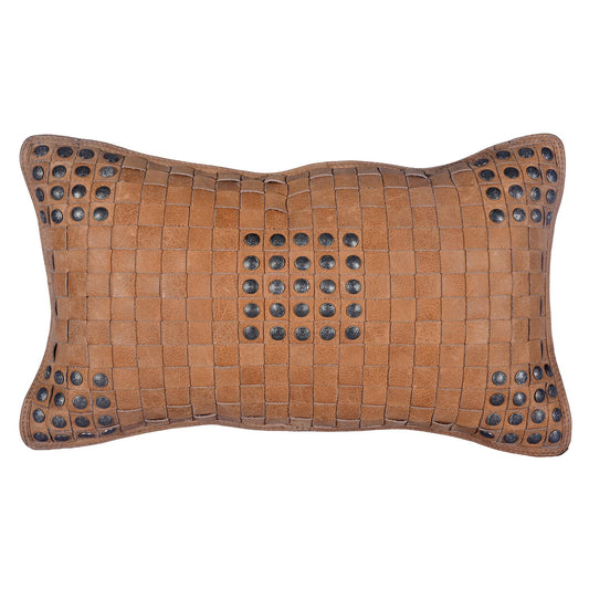 Genuine Leather - Studded Basket Weave Pillow - Tan