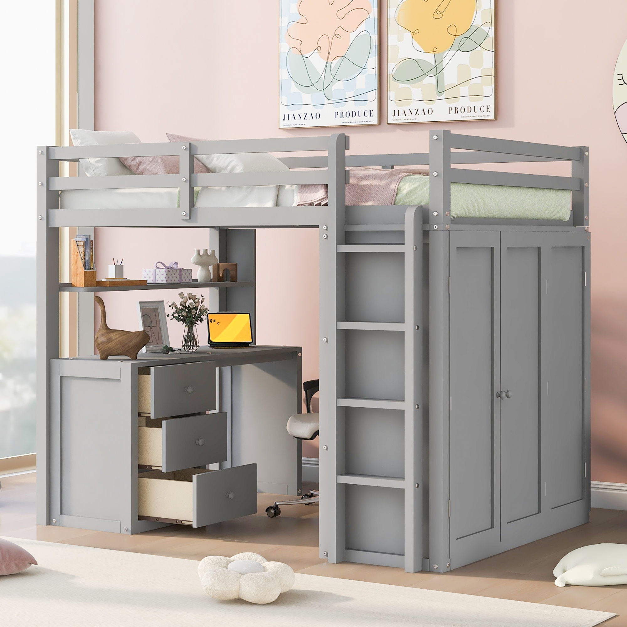 Loft Bed With Drawers, Desk, And Wardrobe
