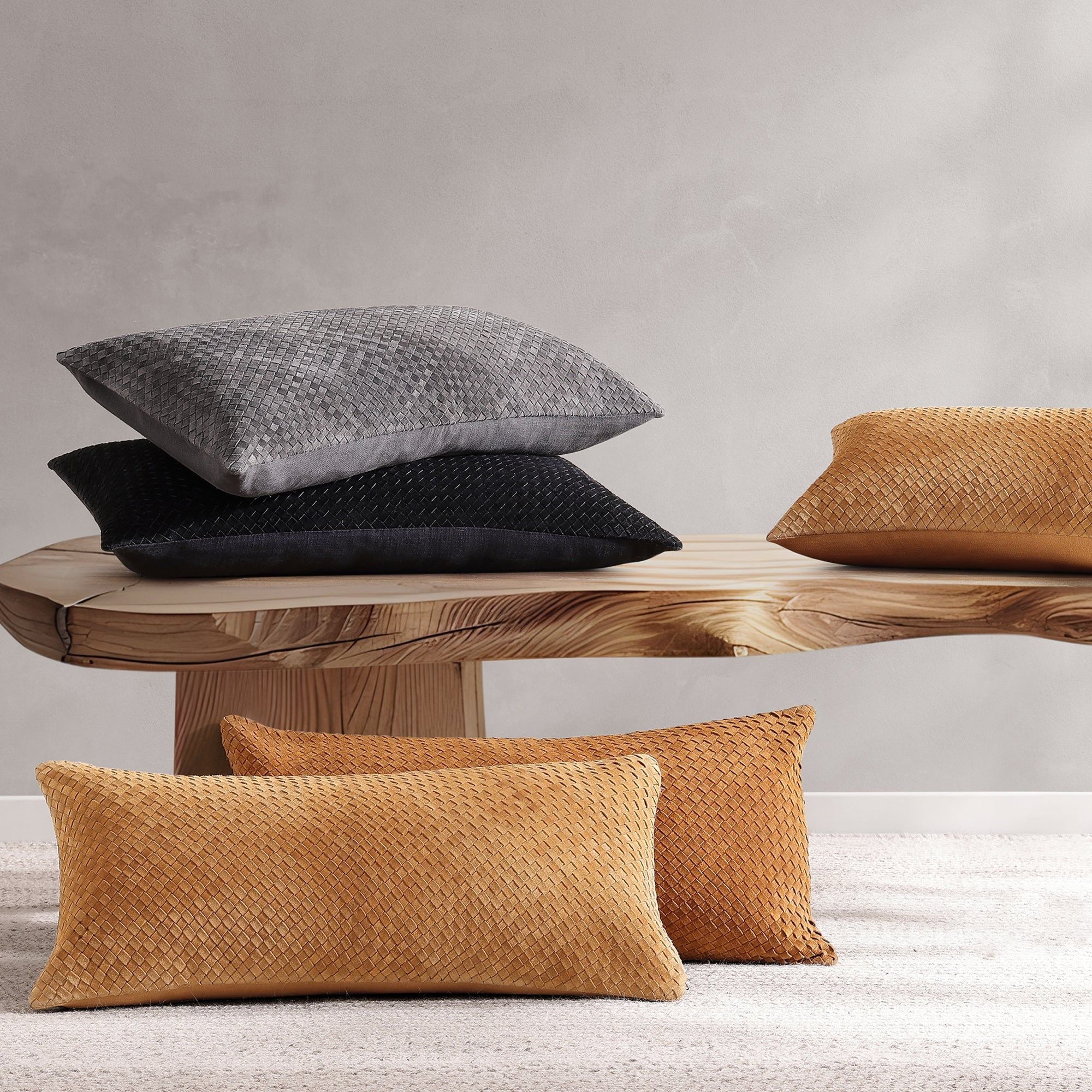 Genuine Leather - Woven Suede Lumbar Pillow - Gray