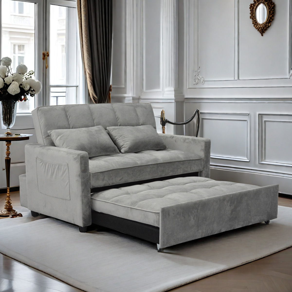 3 In 1 Convertible Sleeper Sofa Bed, Modern Fabric Futon Sofa Couch Pullout Bed, Adjustable Backrest With Three USB Ports, Two Side Pockets, Two Cup Holders And Swivel Phone Holder