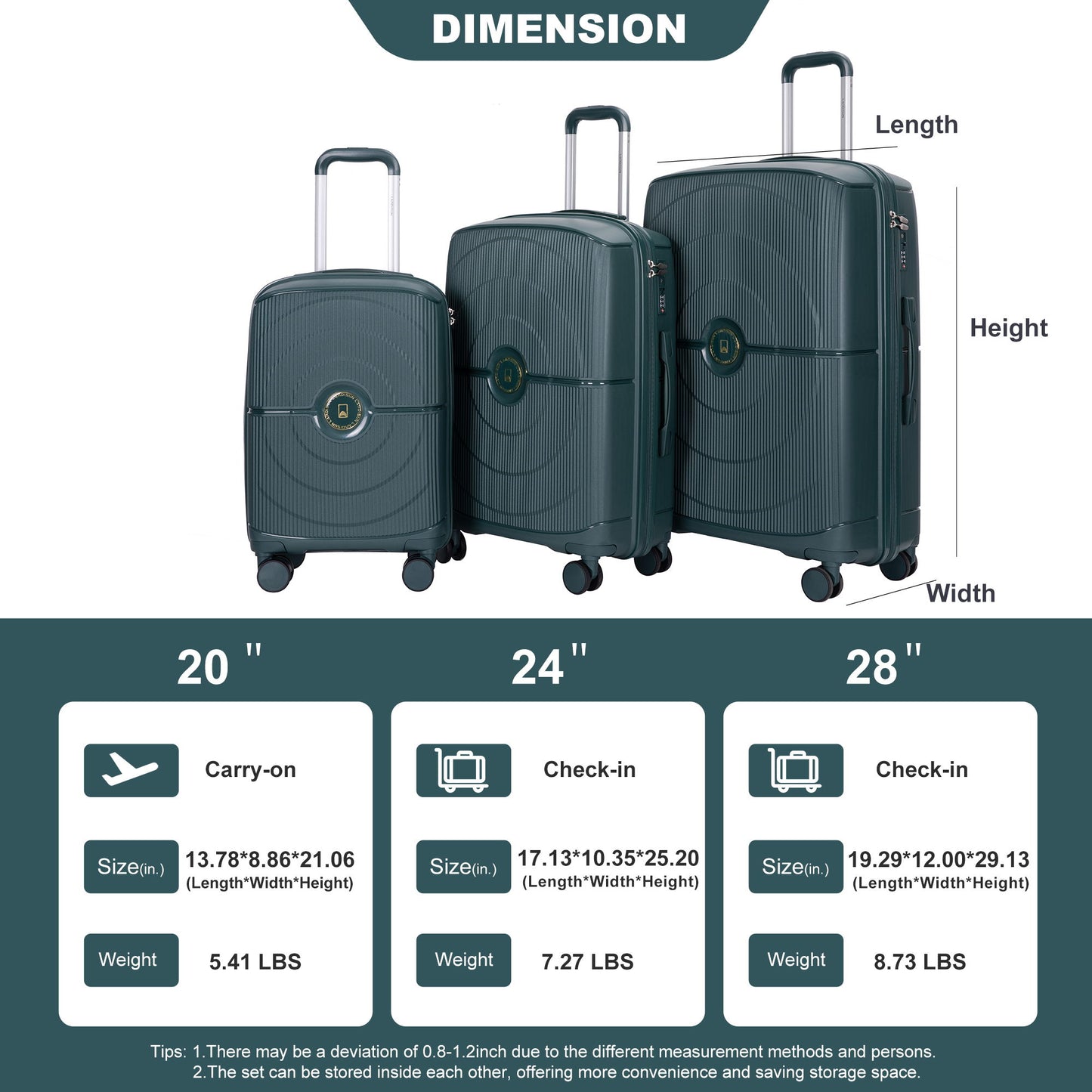 3 Piece Set Expandable Hardshell Suitcase Double Spinner Wheels