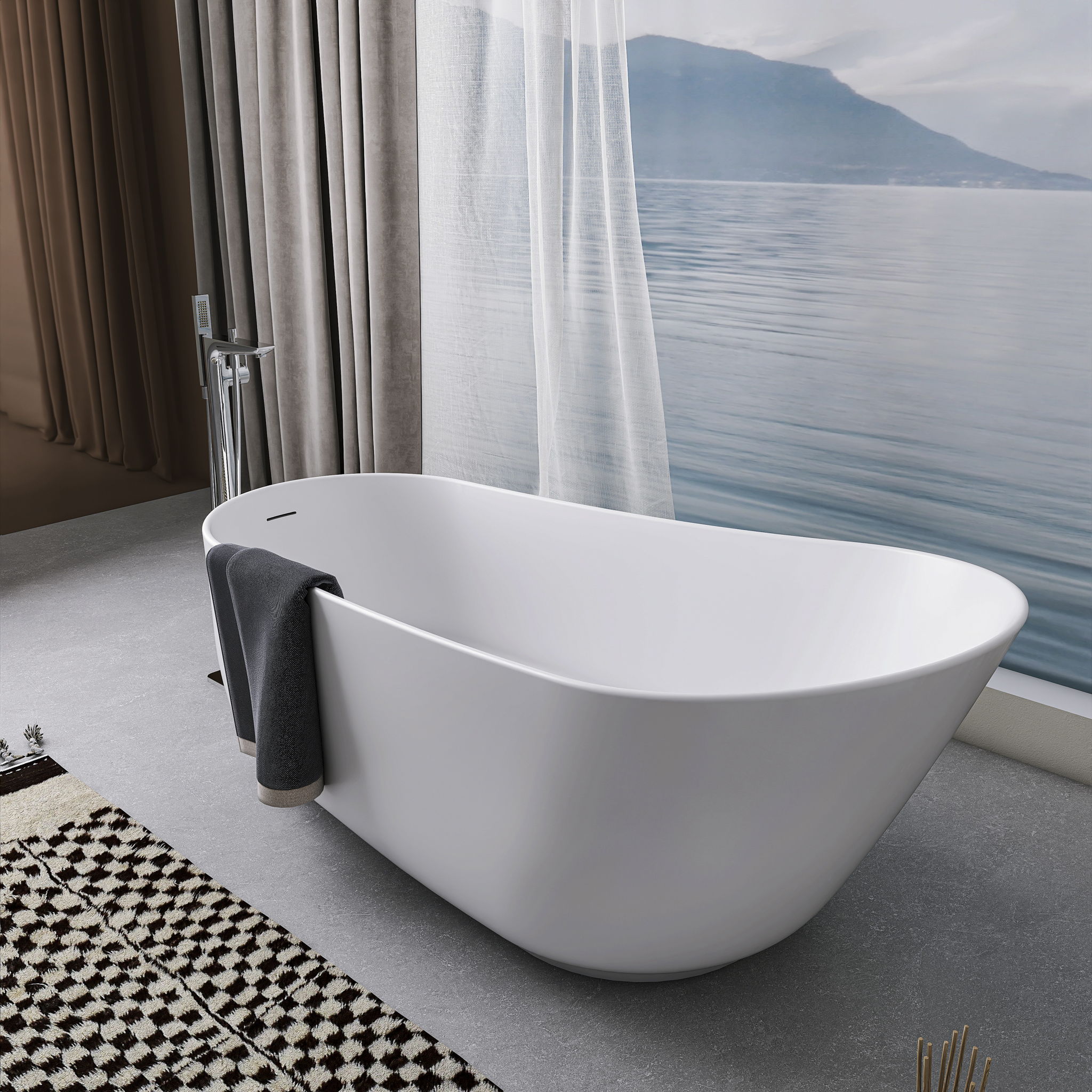 Solid Surface Stone Resin Oval Shape Soaking Bathtub With Overflow For The Bathroom - Matte White