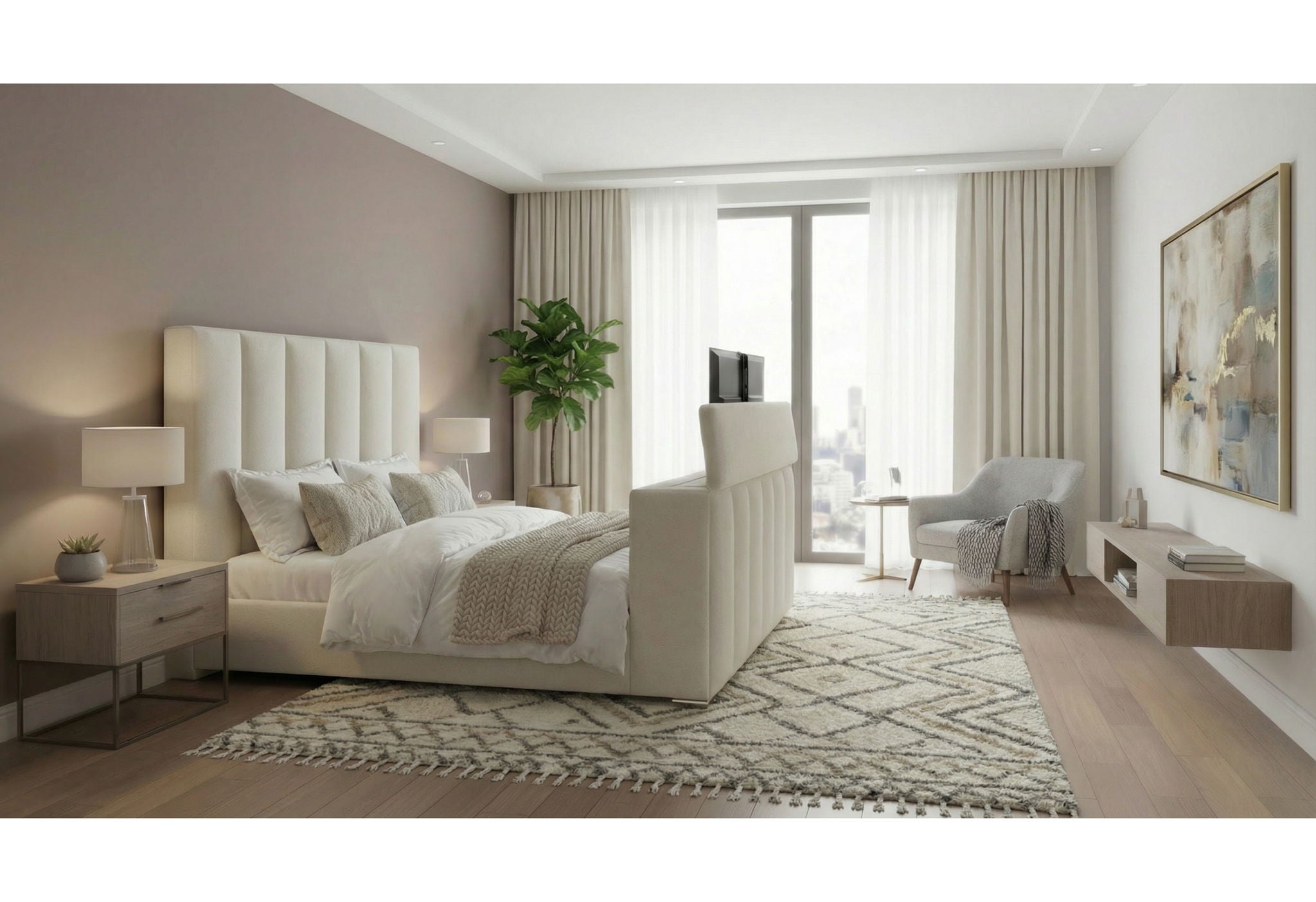 Serenity - King Bed With Speaker, TV Lift, Fireplace - Cream