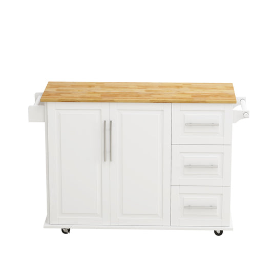 Kitchen Island Cart With 2 Door Cabinet, 3 Drawers, Spice Rack & Towel Rack - White