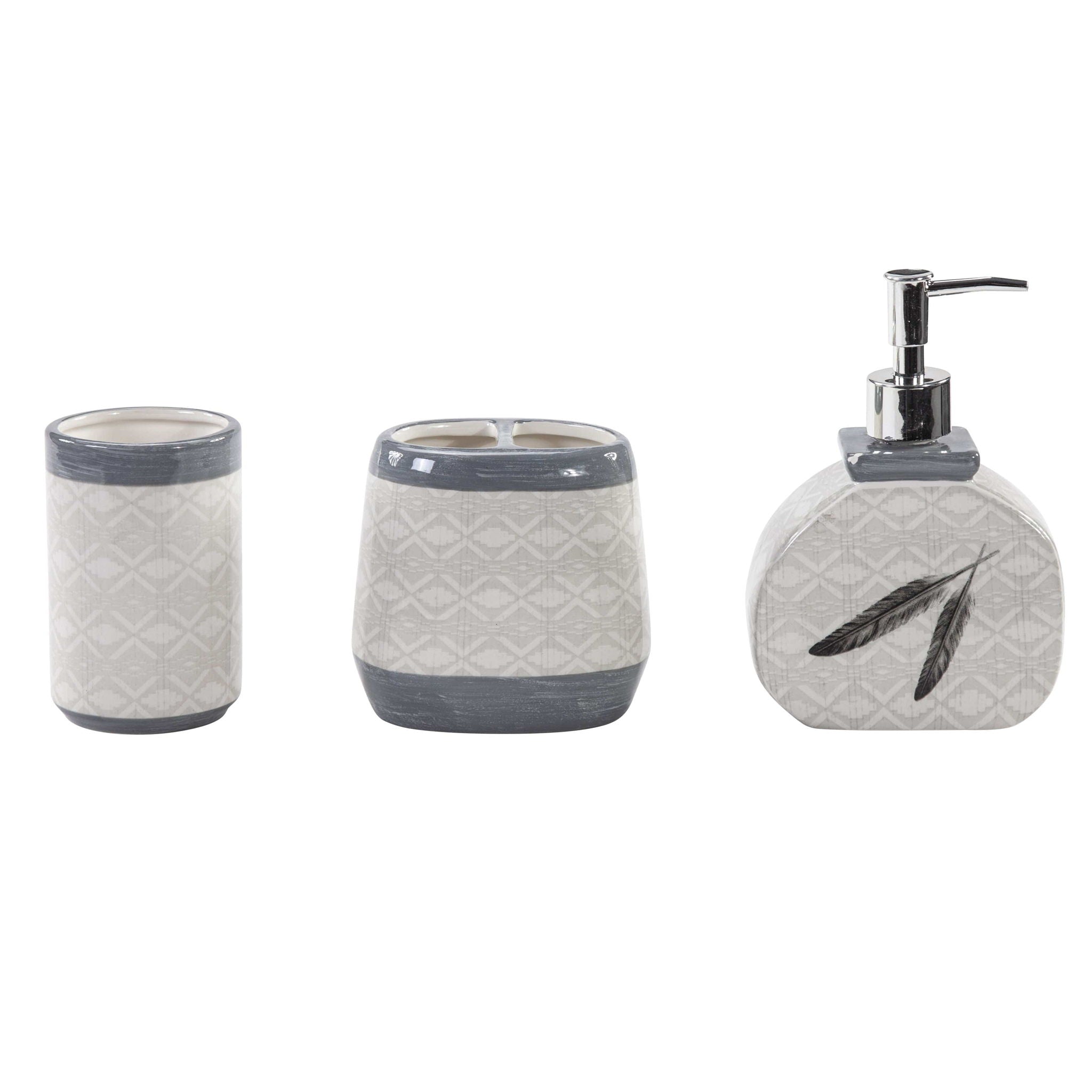 Tossed Feather - Feather Design Countertop Bathroom Set (Set of 3), 4 Per Carton - Cream / Gray