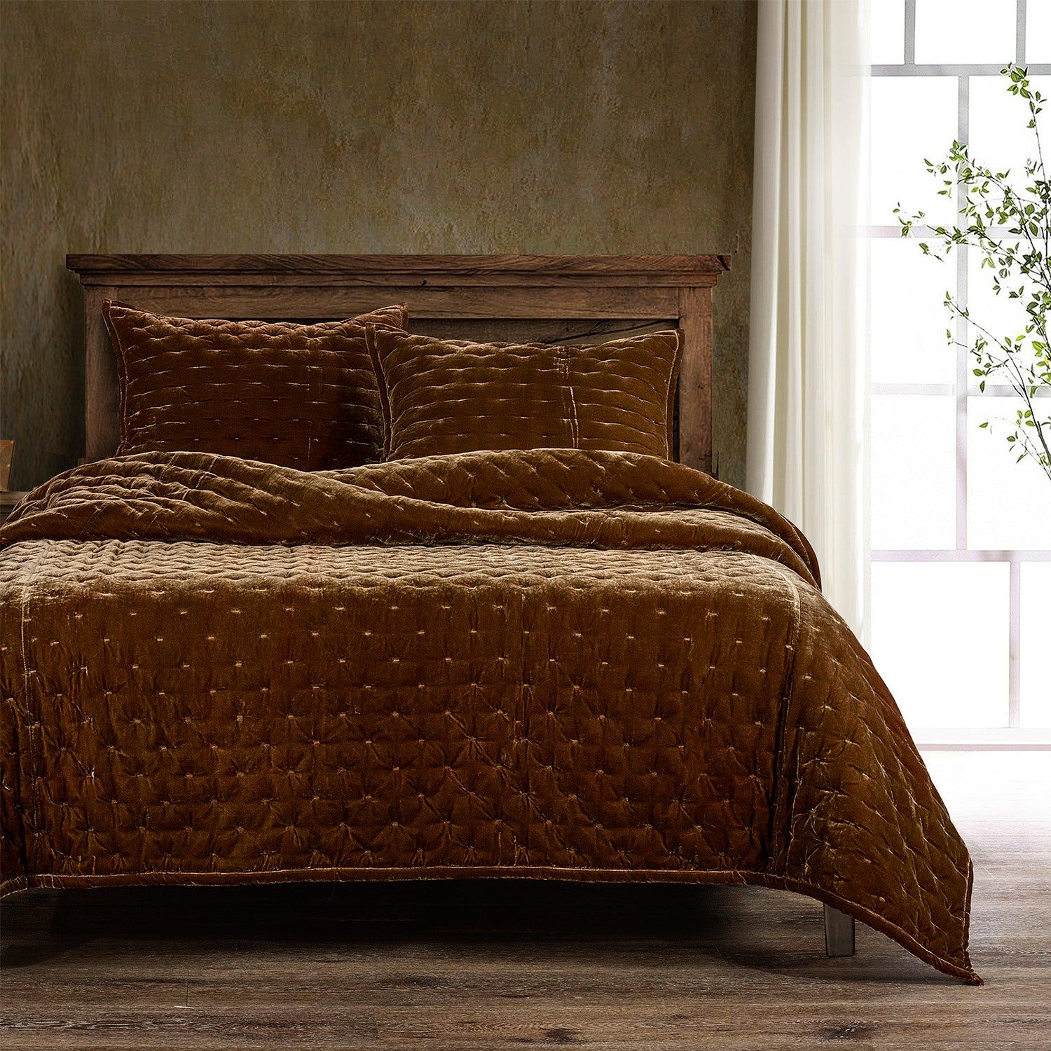 Stella - King Faux Silk Velvet Pintuck Quilt Set (Set of 3) - Copper Brown