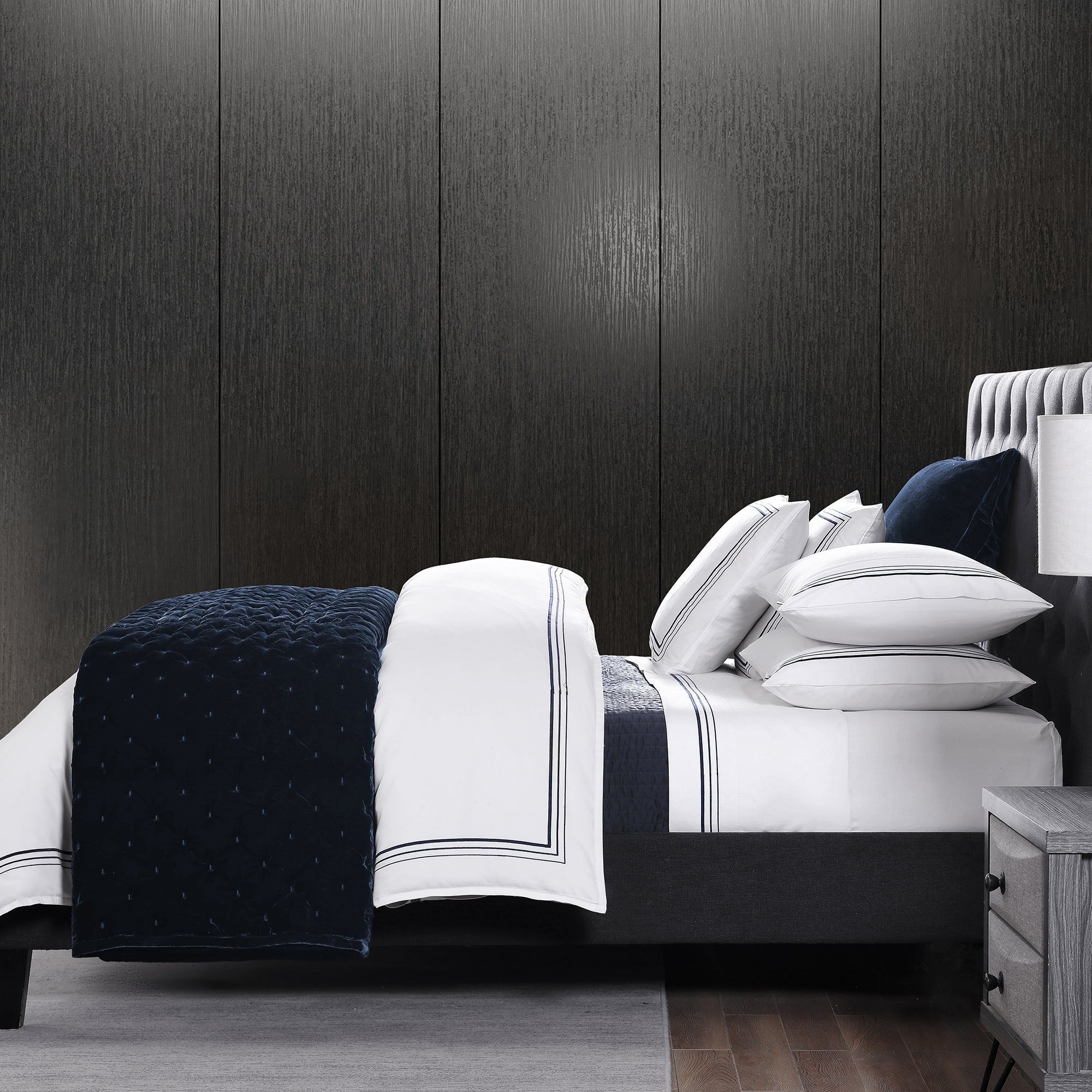 Border Embroidery - Queen Duvet Cover Set (Set of 3) - Navy
