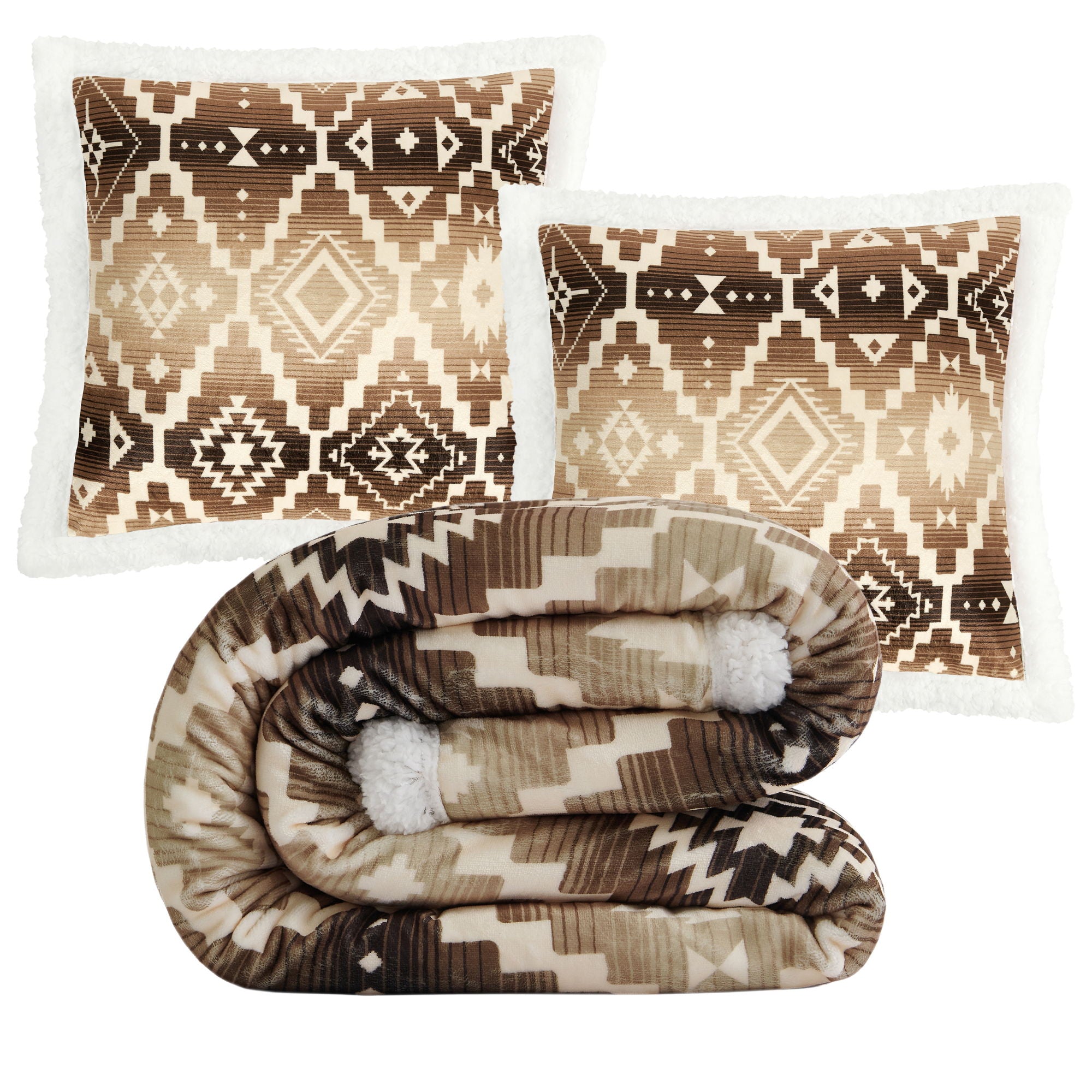 Campfire - Chalet Aztec Campfire Sherpa Throw Set (Set of 3) - White / Brown