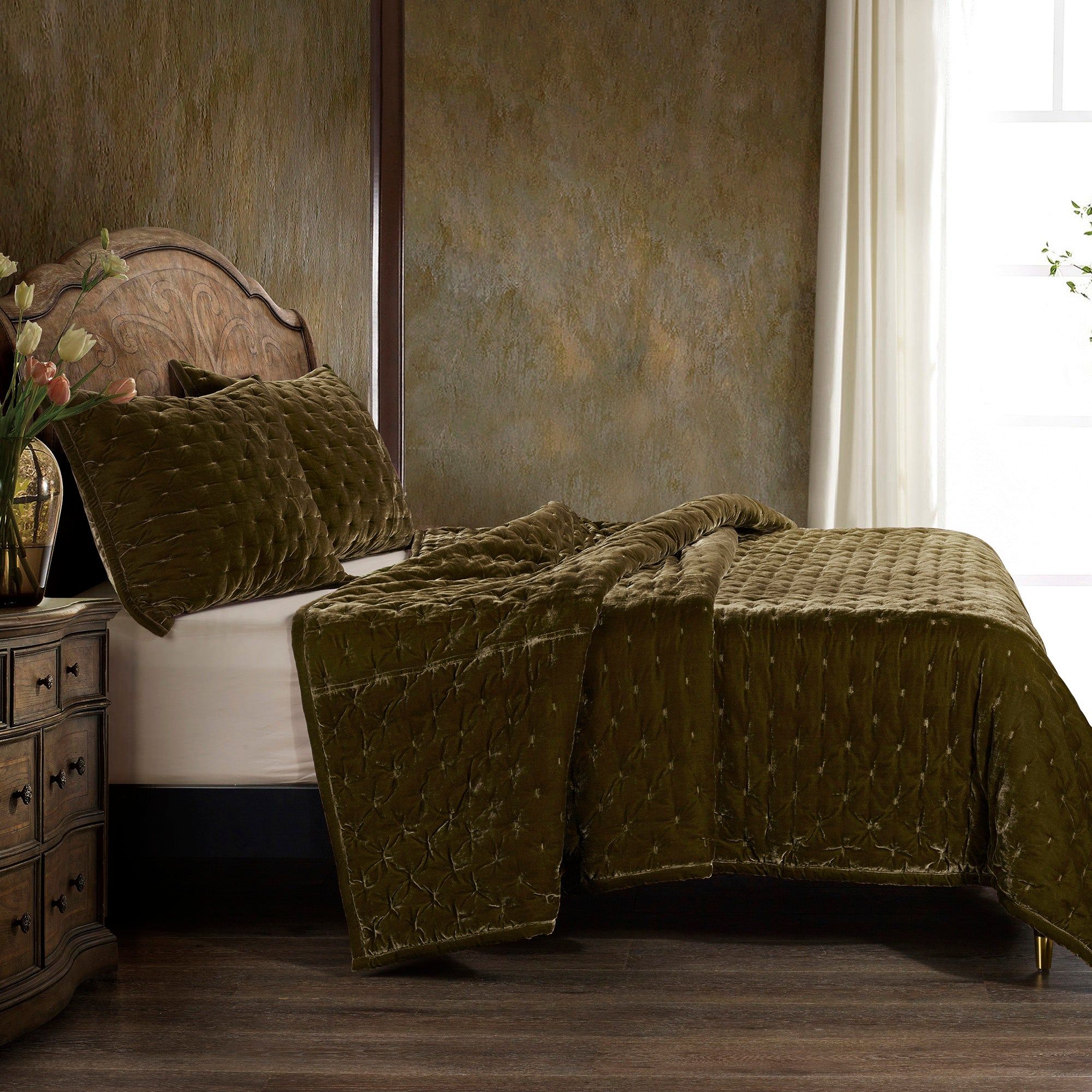 Stella - Full/Queen Faux Silk Velvet Pintuck Quilt Set (Set of 3) - Green Ochre