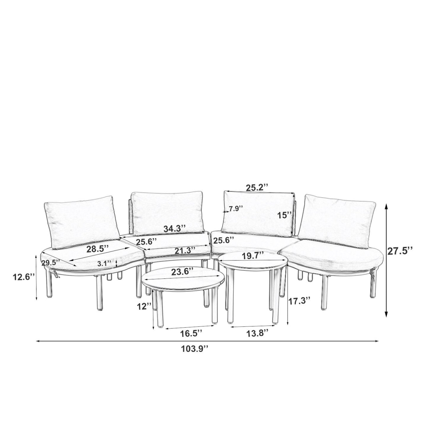 6 Piece Patio Set, Half Moon Outdoor Sectional Sofa With 2 High Low Coffee Tables, 4 Pillows & Cushions