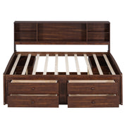 Full Size Captain Bed With Built In Storage Shelves, 4 Drawers And 2 Cabinets - Antique Brown