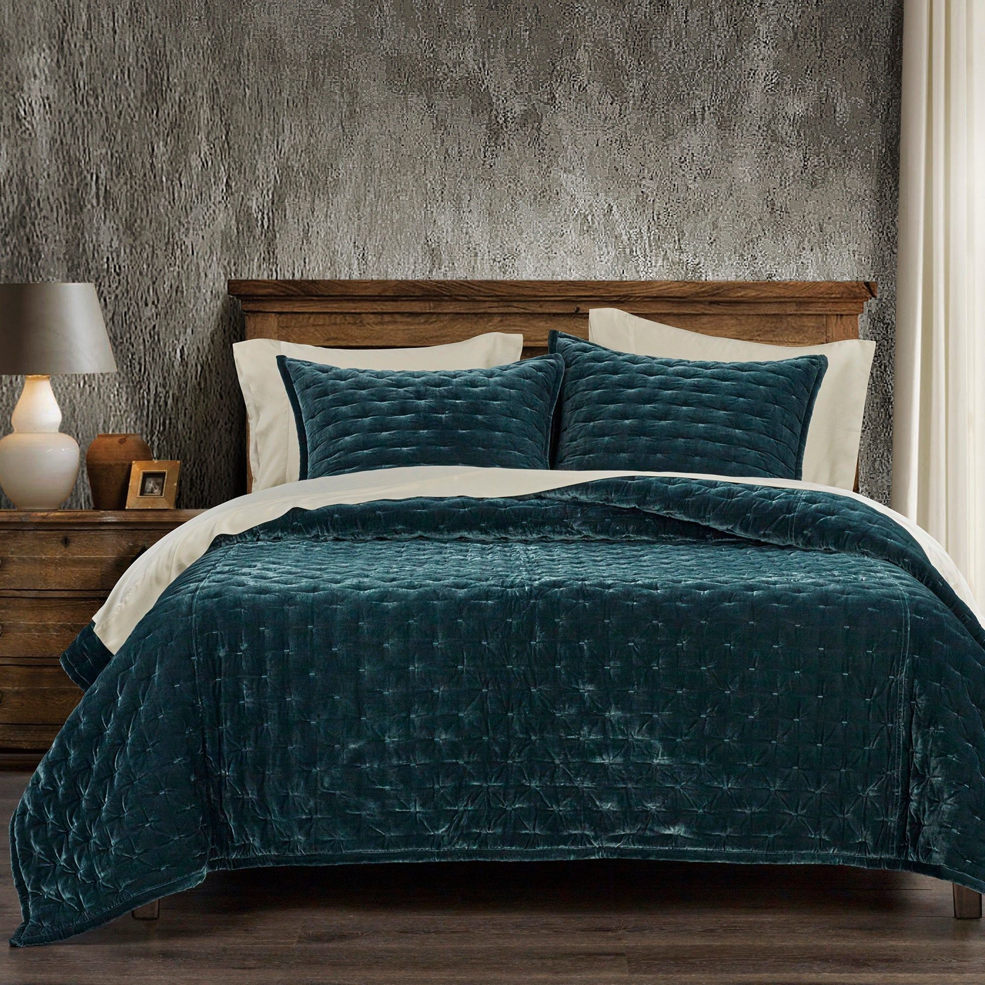 Stella - King Faux Silk Velvet Pintuck Quilt Set (Set of 3) - Storm Blue