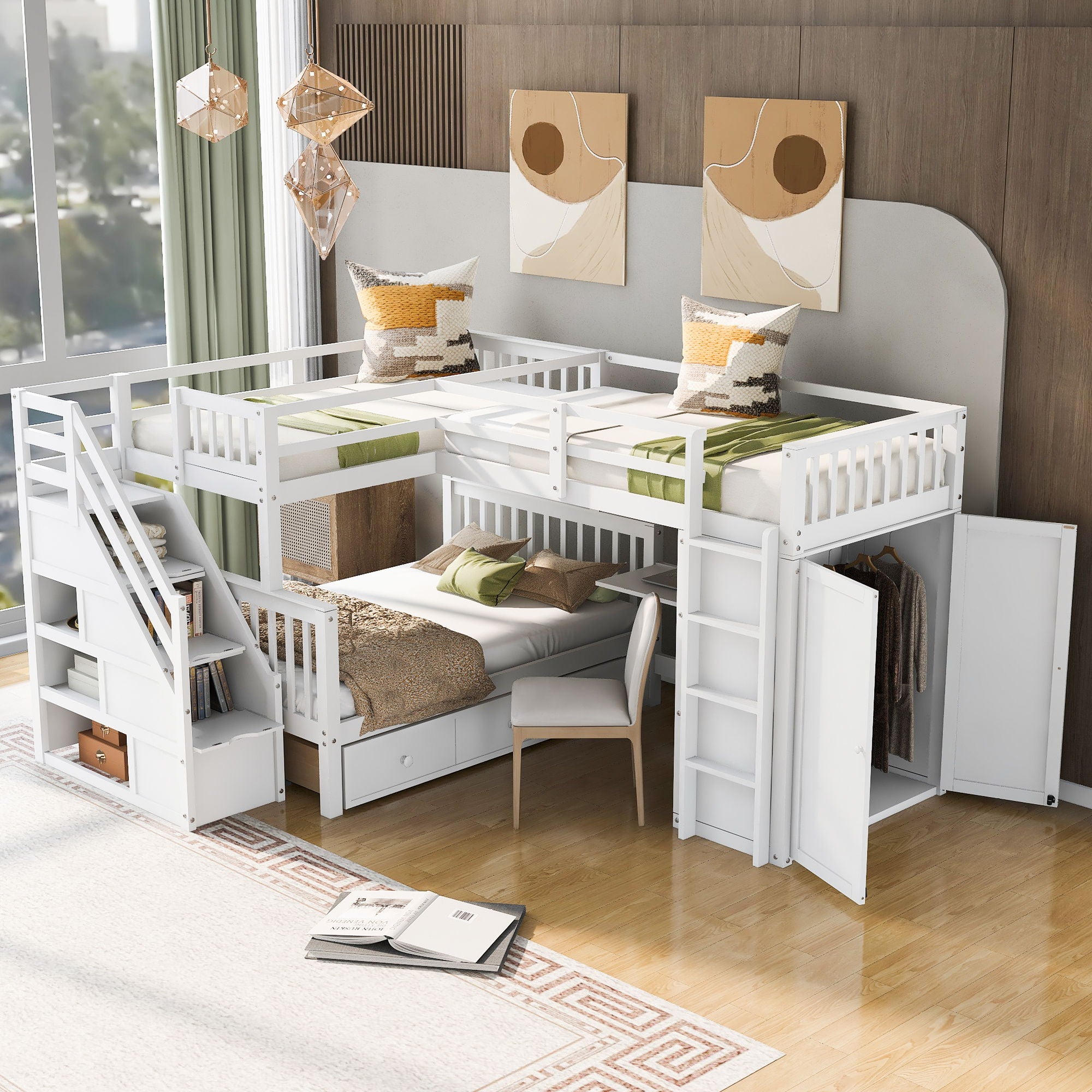 L Shaped Bunk Bed With 3 Drawers, Portable Desk And Wardrobe